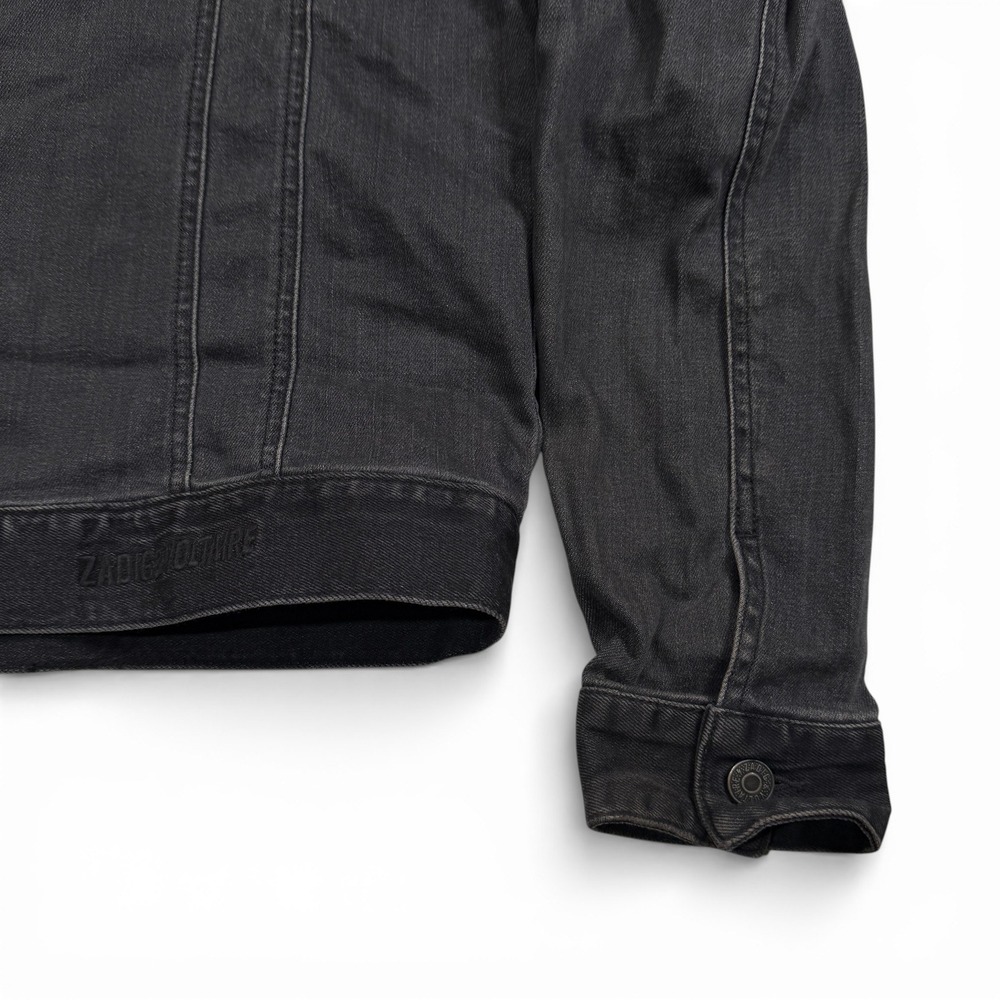 Zadig & Voltaire Noah Faded Black Denim Trucker Jacket Skull Patch Womens 14-S - Picture 12 of 15